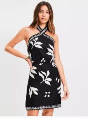 Loft Black and White Fern print Linen Blend Halter Dress - size 6 - NWT